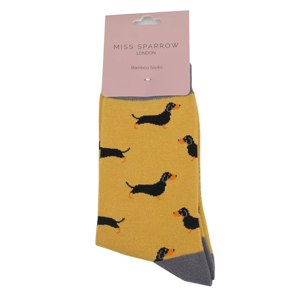 Miss Sparrow Bamboo Ladies Socks - Little Sausage Dogs Yellow