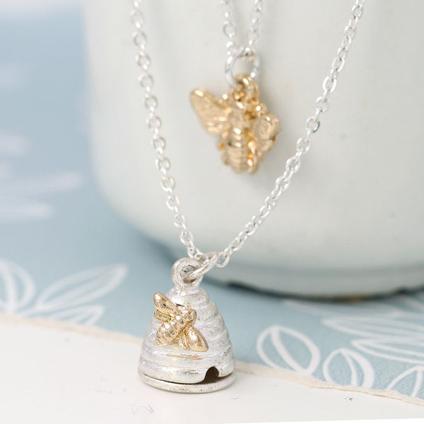 Peace of Mind Silver Plated Silver Plated Layered Honey Bee And Beehive Necklace