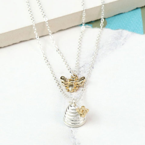 Peace of Mind Silver Plated Silver Plated Layered Honey Bee And Beehive Necklace