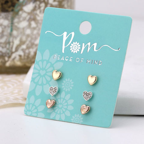 Peace of Mind Triple heart rose gold, silver and crystal earring set