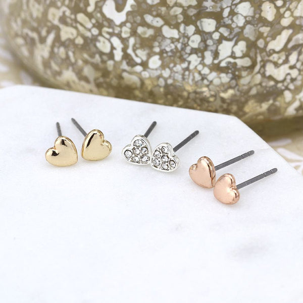 Peace of Mind Triple heart rose gold, silver and crystal earring set