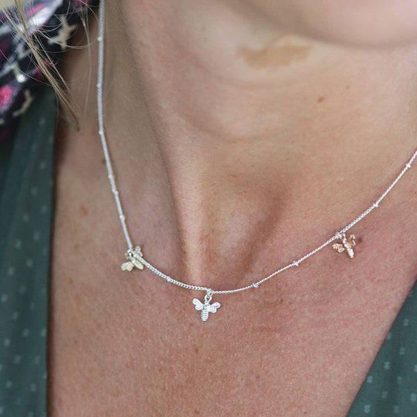 Peace of Mind Silver plated necklace with triple mixed finish bee charms