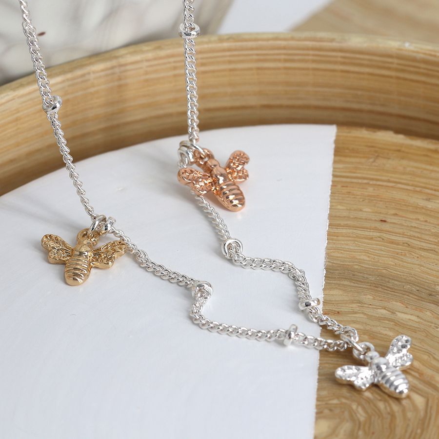 Peace of Mind Silver plated necklace with triple mixed finish bee charms
