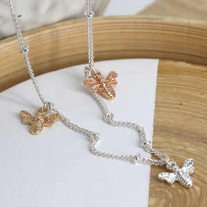 Peace of Mind Silver plated necklace with triple mixed finish bee charms