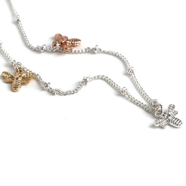 Peace of Mind Silver plated necklace with triple mixed finish bee charms
