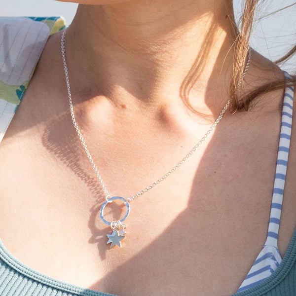 Peace of Mind Silver plated necklace with triple stars and hammered hoop