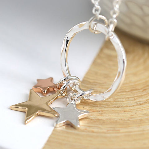 Peace of Mind Silver plated necklace with triple stars and hammered hoop
