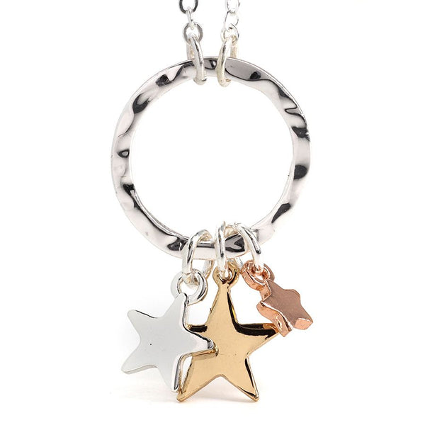 Peace of Mind Silver plated necklace with triple stars and hammered hoop