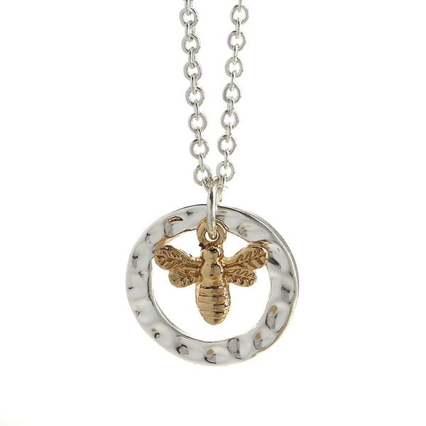 Peace of Mind Silver plated hammered hoop and golden bee necklace