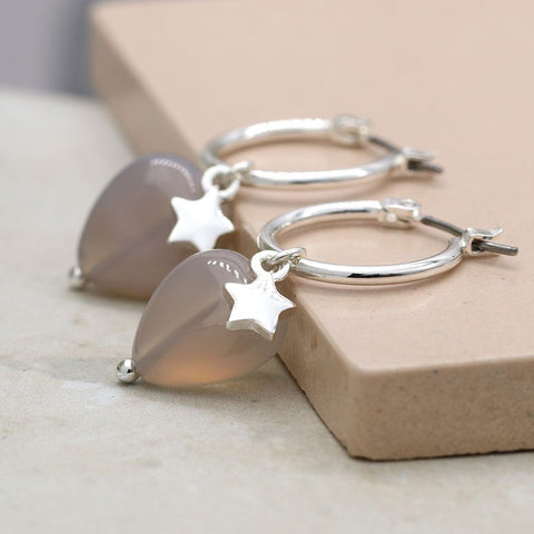 Peace of Mind Silver plated star and smoky stone heart hoop earrings