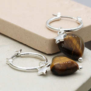 Peace of Mind Silver plated star and tigers eye heart hoop earrings