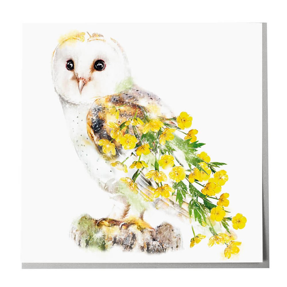 Lola Design Greetings Card - Barn Owl with Yellow Flowers