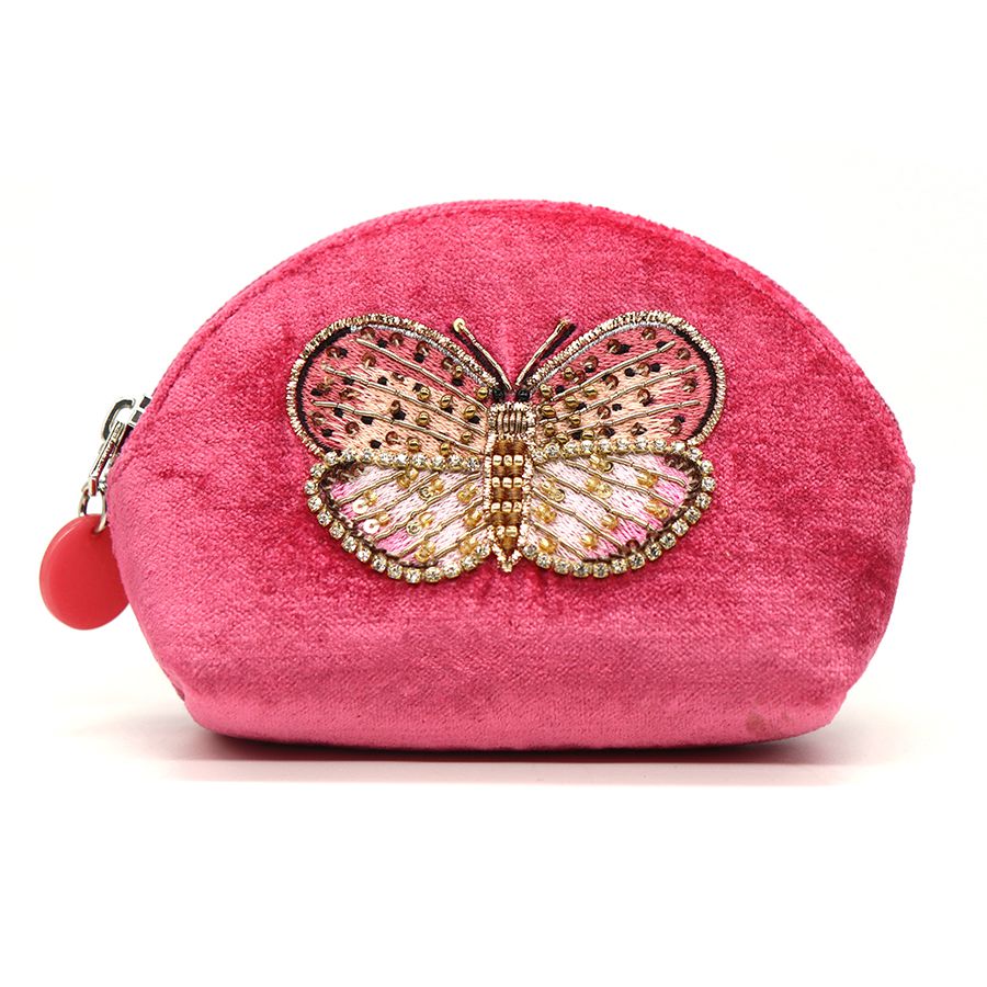 Velvet D Shaped Purse with Embroidered Butterfly