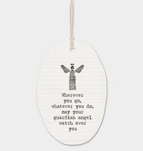 East of India Porcelain Oval Message Hanger - "Guardian Angel"