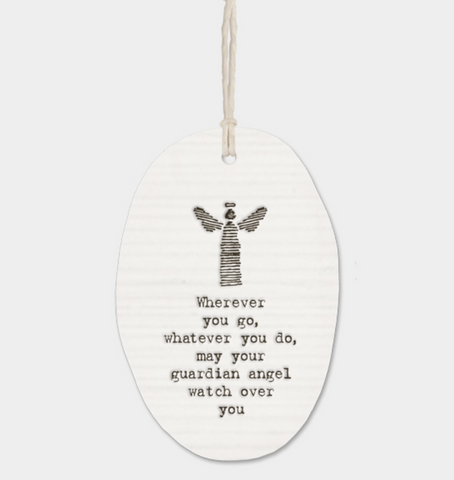 East of India Porcelain Oval Message Hanger - "Guardian Angel"