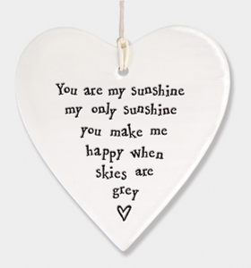 East of India Porcelain Hanging Heart - You Are My Sunshine....