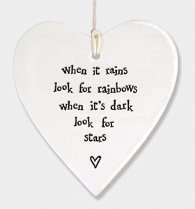 East of India Porcelain Hanging Heart - When It Rains look for Rainbows....