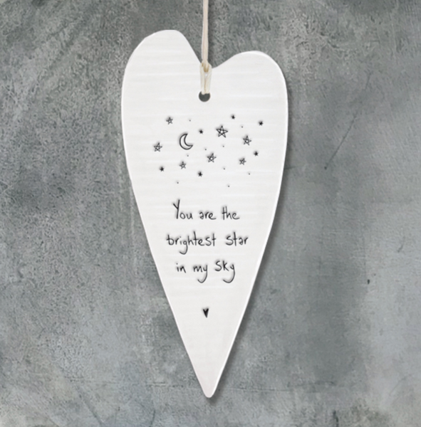 East of India Porcelain Long Hanging Heart - "You are the brightest star in my sky"