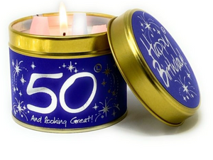 Lily Flame Happy 50th Birthday Candle Tin