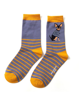 Miss Sparrow Bamboo Ladies Socks - Chihuahua Stripes Blue