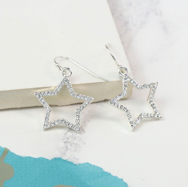 Peace of Mind Silver Plated Open Star Crystal Earrings