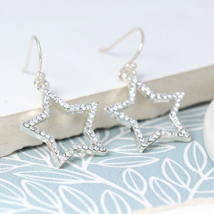 Peace of Mind Silver Plated Open Star Crystal Earrings