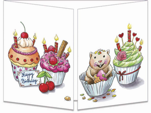 Sophie Turrel Folding Greetings Card - Birthday Cupcake Hamster CT309