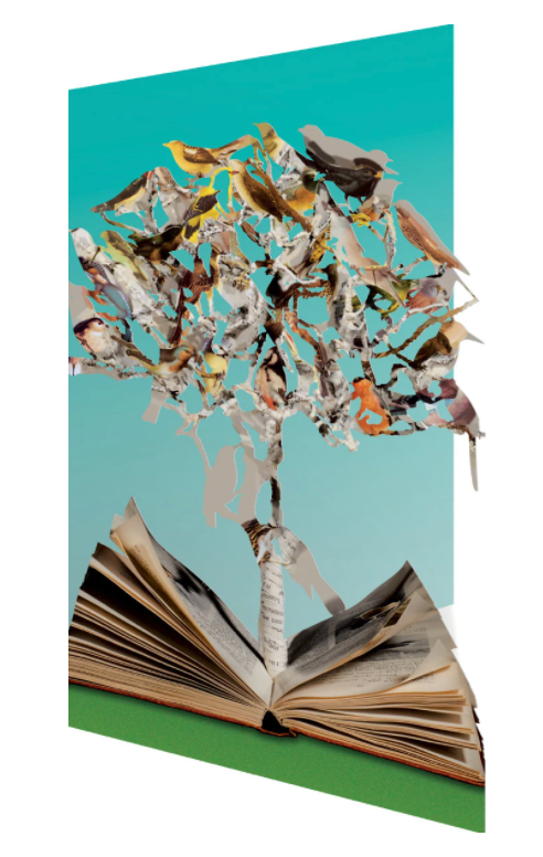 Greetings Card - Roger La Borde Cut Out Card - Book with Birds on Tree