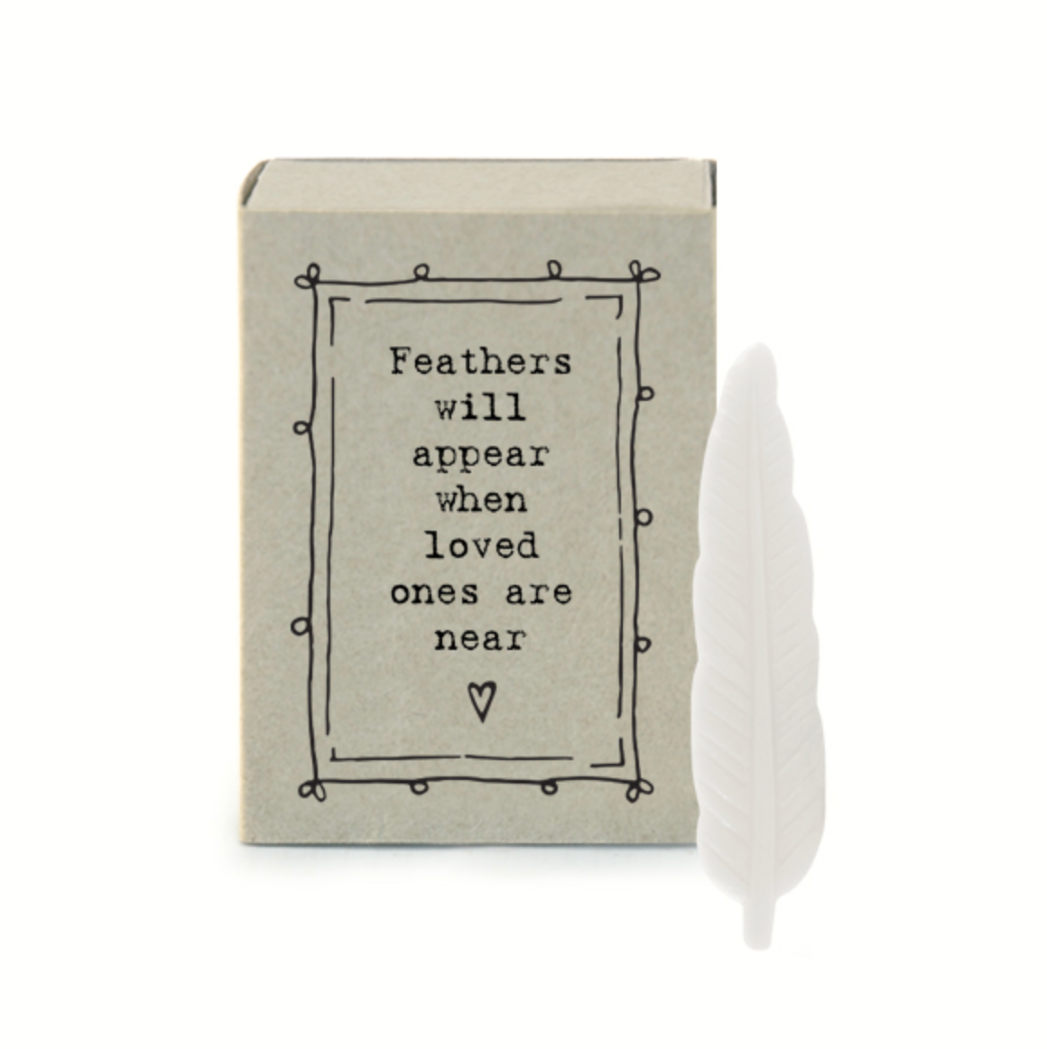 East of India Matchbox Feather - "Feathers will appear when loved one's are near"