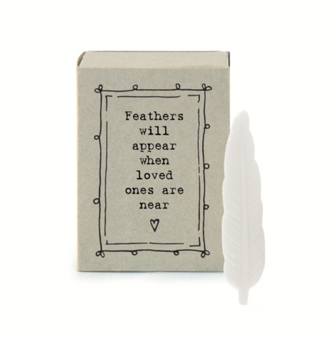 East of India Matchbox Feather - "Feathers will appear when loved one's are near"