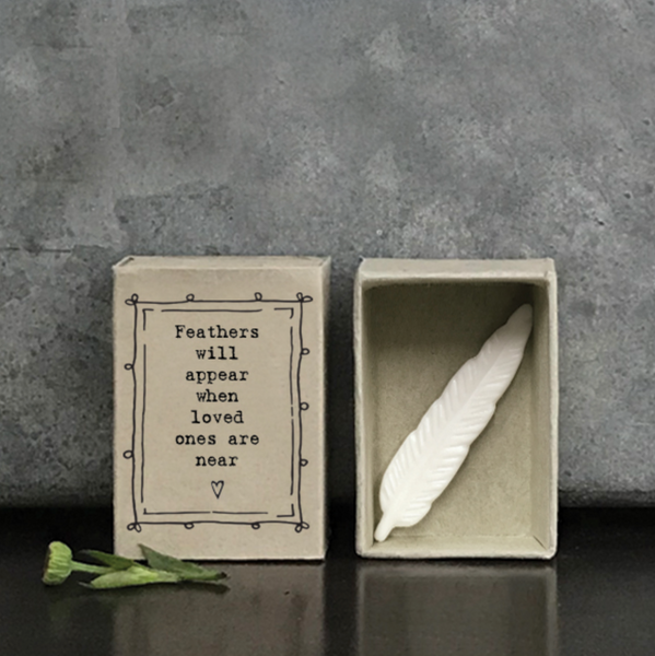 East of India Matchbox Feather - "Feathers will appear when loved one's are near"