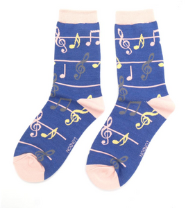 Miss Sparrow Bamboo Ladies Socks - Music Notes Denim Blue