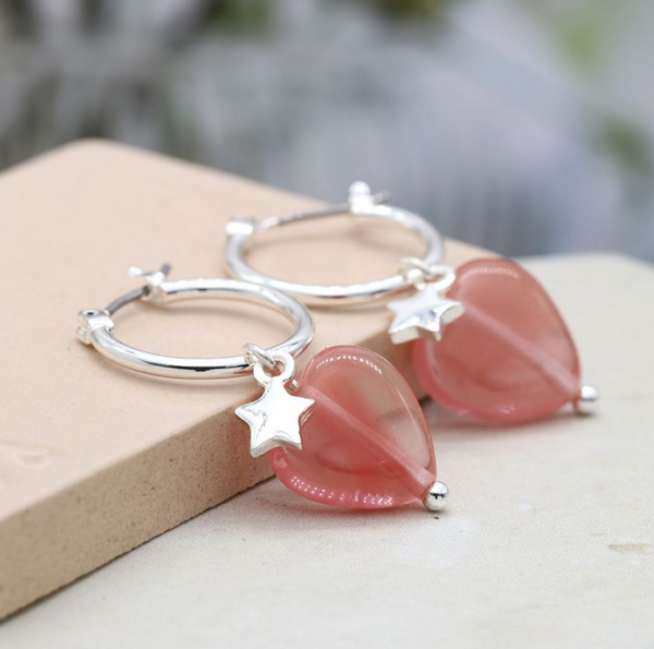 Peace of Mind Silver plated star and pink stone heart hoop earrings