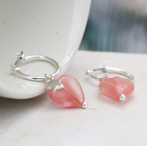Peace of Mind Silver plated star and pink stone heart hoop earrings