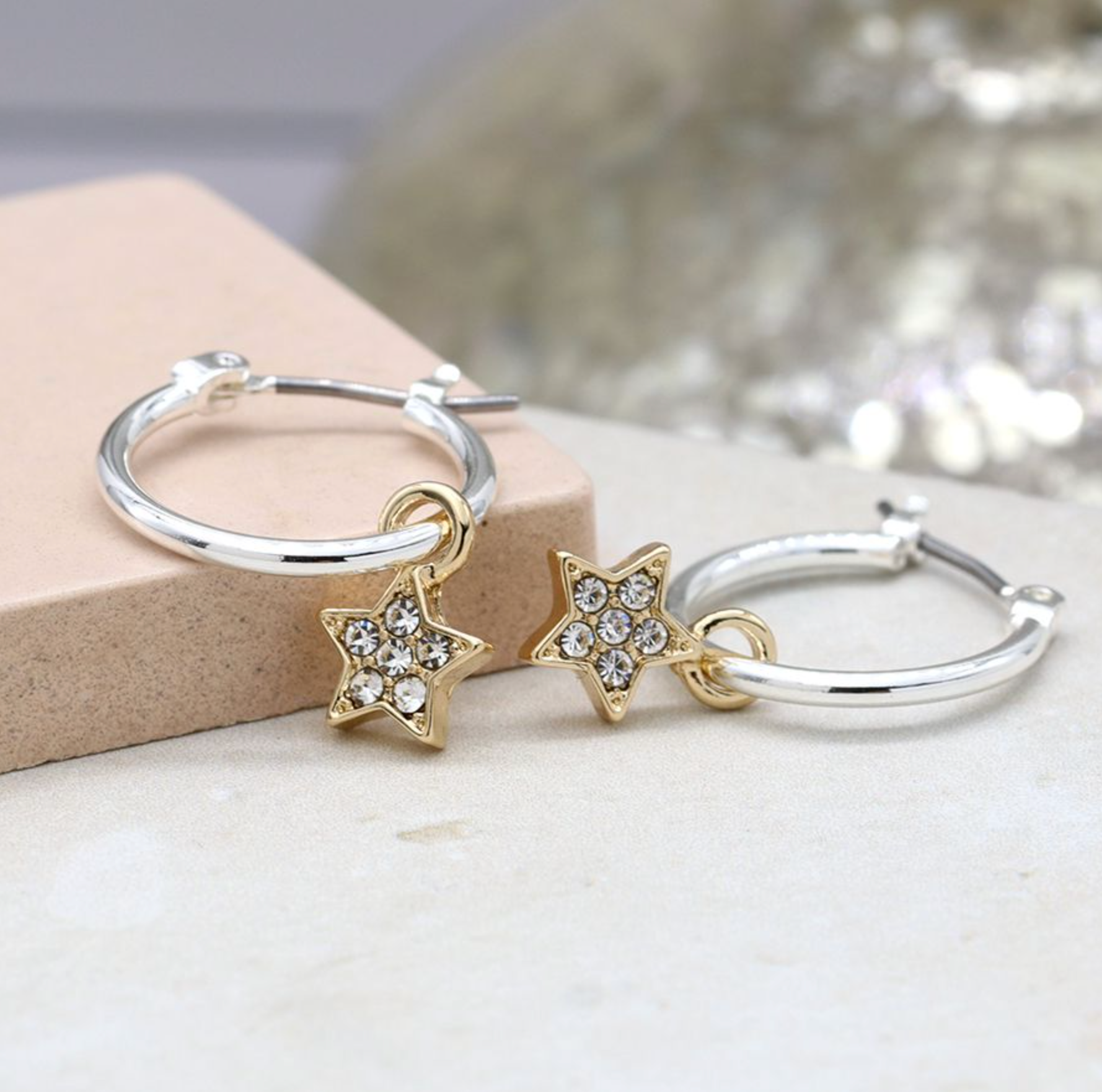 Peace of Mind Silver plated golden pave stars and silver hoop earrings