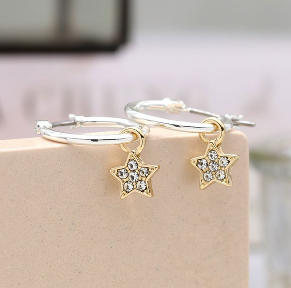 Peace of Mind Silver plated golden pave stars and silver hoop earrings