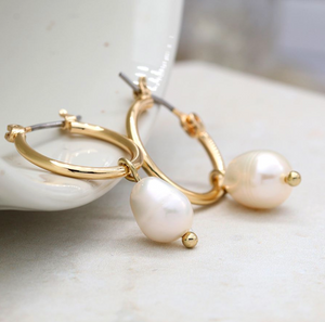 Peace of Mind Golden hoop earrings with ivory seed pearl drops