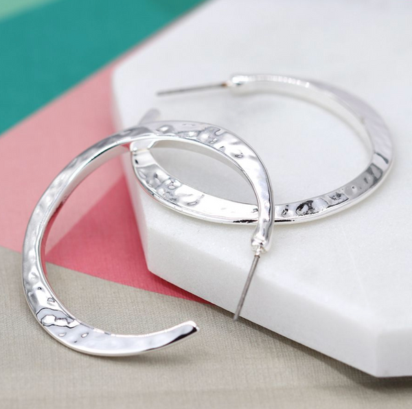 Peace of Mind Silver Plated Irregular Hammered Open Hoop Earrings