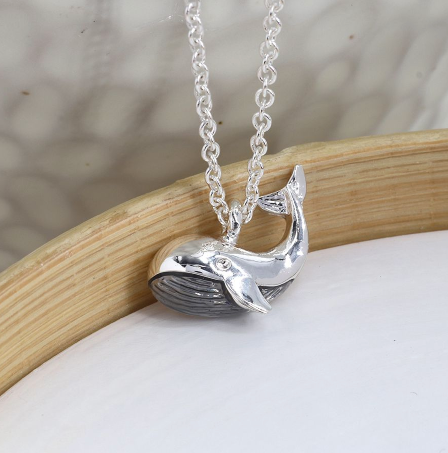 Peace of Mind Silver plated and grey enamel whale necklace