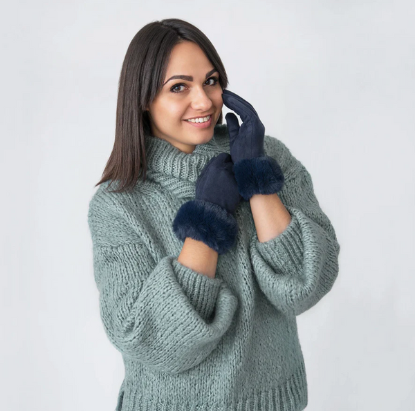 Hazel Gloves with Faux Fur Cuff - Navy