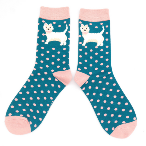 Miss Sparrow Bamboo Ladies Socks - Dogs Teal
