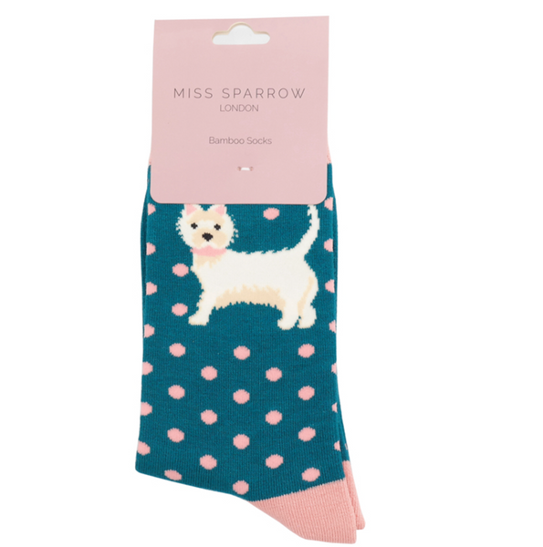 Miss Sparrow Bamboo Ladies Socks - Dogs Teal